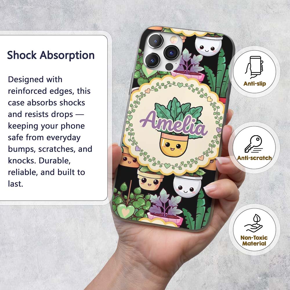 Cute Kawaii Indoor House Plants Black Background Custom Name Protective Phone Case Mobile Cover Durable Everyday Smartphone Shock Resistant