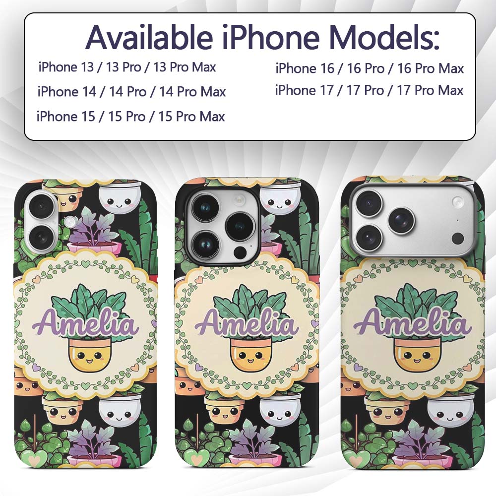 Cute Kawaii Indoor House Plants Black Background Custom Name Protective Phone Case Mobile Cover Durable Everyday Smartphone Shock Resistant