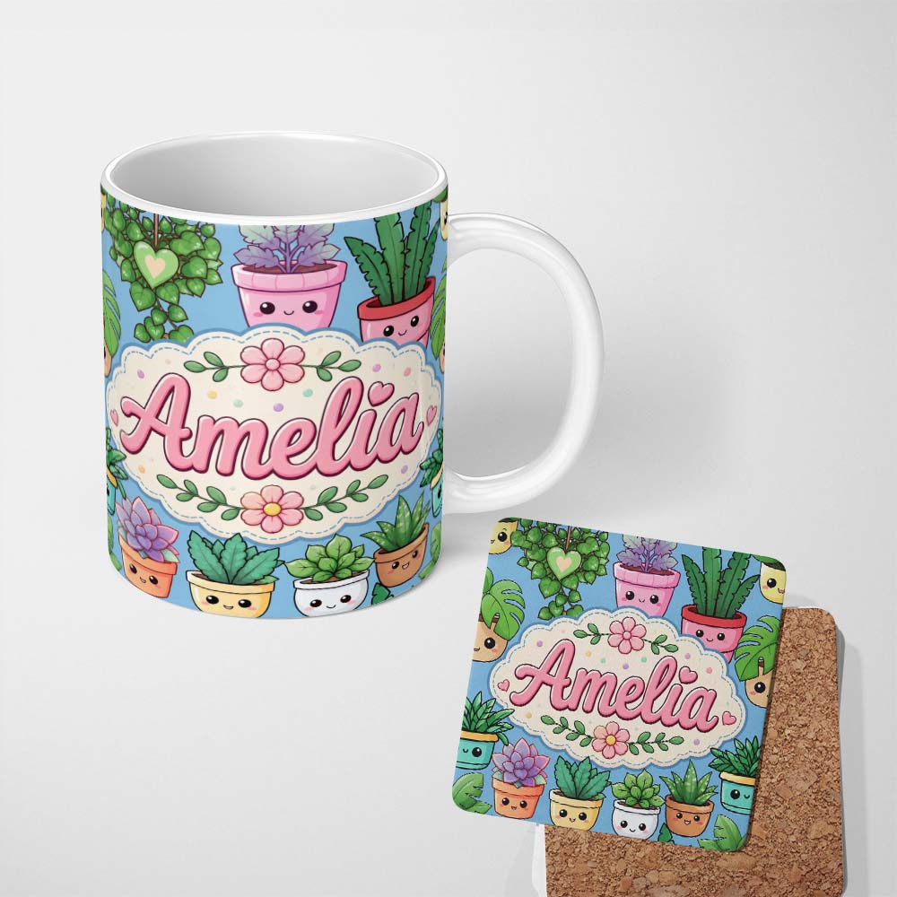 Personalized Custom Name Cute Kawaii Indoor House Plants Blue Background Seamless Pattern 11oz Ceramic Coffee Tea Mug White Large Handle