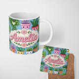 Personalized Custom Name Cute Kawaii Indoor House Plants Blue Background Seamless Pattern 11oz Ceramic Coffee Tea Mug White Large Handle