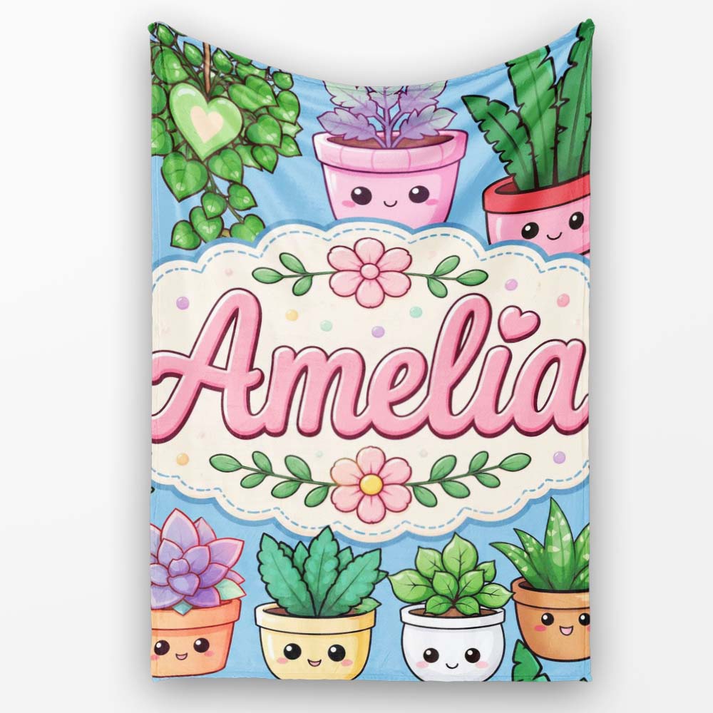 Cute Kawaii Indoor House Plants Blue Background Seamless Pattern  Personalised Custom Name Super Soft Fleece Blanket Bed Sofa Throw
