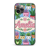 Cute Kawaii Indoor House Plants Blue Background Custom Name Protective Phone Case Mobile Cover Durable Everyday Smartphone Shock Resistant