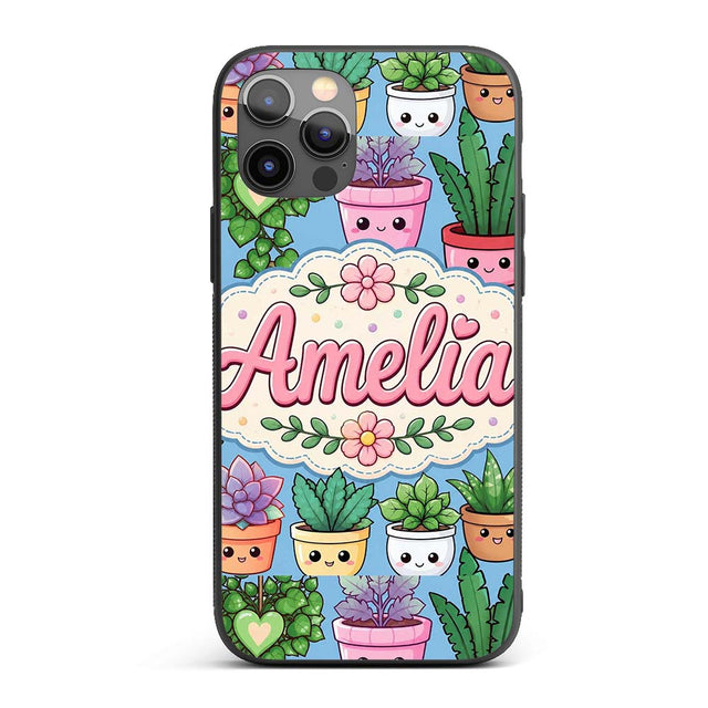 Cute Kawaii Indoor House Plants Blue Background Custom Name Protective Phone Case Mobile Cover Durable Everyday Smartphone Shock Resistant
