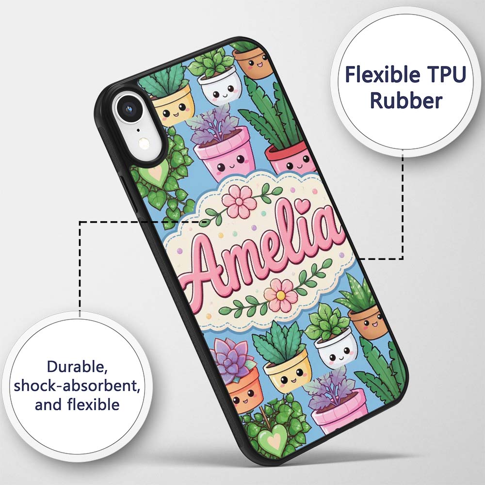 Cute Kawaii Indoor House Plants Blue Background Custom Name Protective Phone Case Mobile Cover Durable Everyday Smartphone Shock Resistant