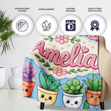 Cute Kawaii Indoor House Plants Blue Background Seamless Pattern  Personalised Custom Name Super Soft Fleece Blanket Bed Sofa Throw