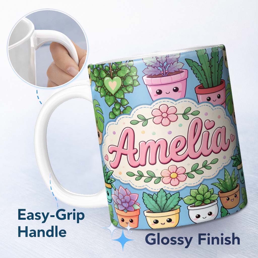 Personalized Custom Name Cute Kawaii Indoor House Plants Blue Background Seamless Pattern 11oz Ceramic Coffee Tea Mug White Large Handle