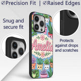 Cute Kawaii Indoor House Plants Blue Background Custom Name Protective Phone Case Mobile Cover Durable Everyday Smartphone Shock Resistant