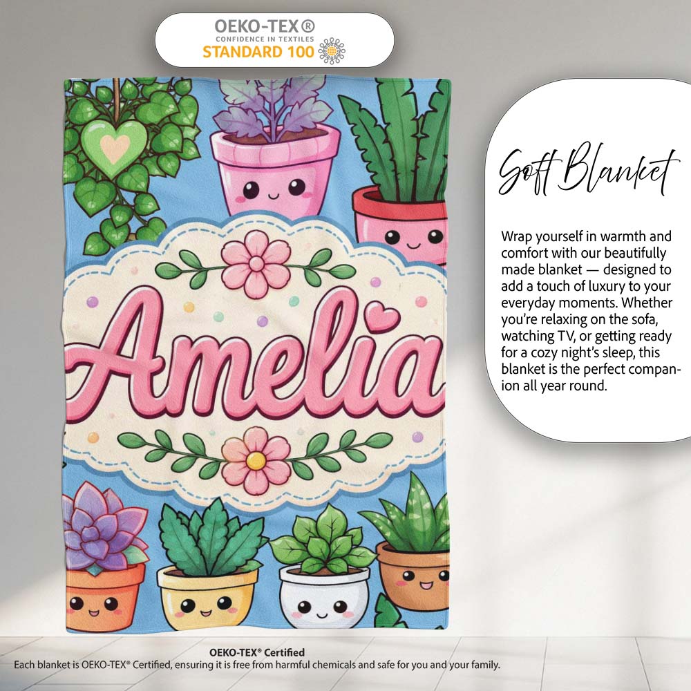 Cute Kawaii Indoor House Plants Blue Background Seamless Pattern  Personalised Custom Name Super Soft Fleece Blanket Bed Sofa Throw
