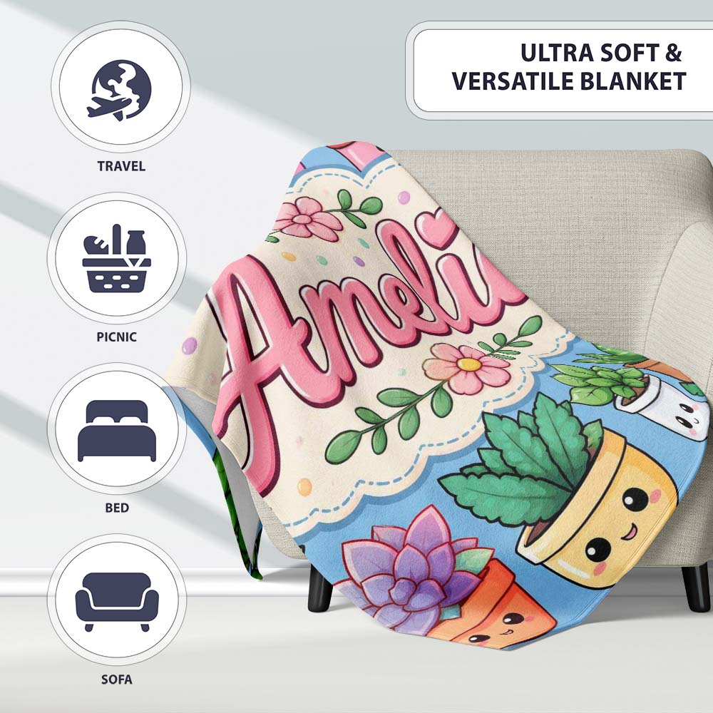 Cute Kawaii Indoor House Plants Blue Background Seamless Pattern  Personalised Custom Name Super Soft Fleece Blanket Bed Sofa Throw