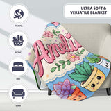 Cute Kawaii Indoor House Plants Blue Background Seamless Pattern  Personalised Custom Name Super Soft Fleece Blanket Bed Sofa Throw