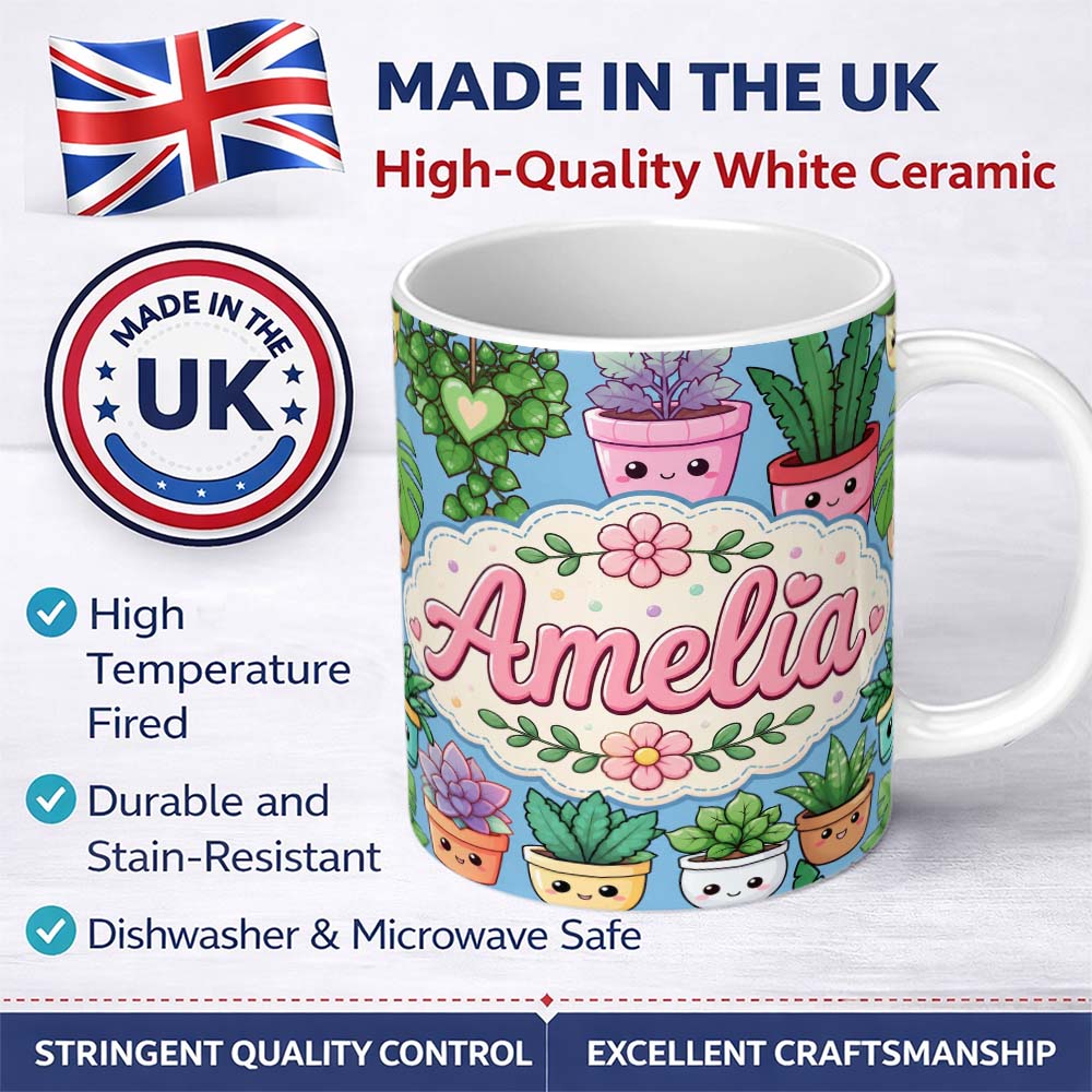 Personalized Custom Name Cute Kawaii Indoor House Plants Blue Background Seamless Pattern 11oz Ceramic Coffee Tea Mug White Large Handle