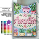 Cute Kawaii Indoor House Plants Blue Background Seamless Pattern  Personalised Custom Name Super Soft Fleece Blanket Bed Sofa Throw