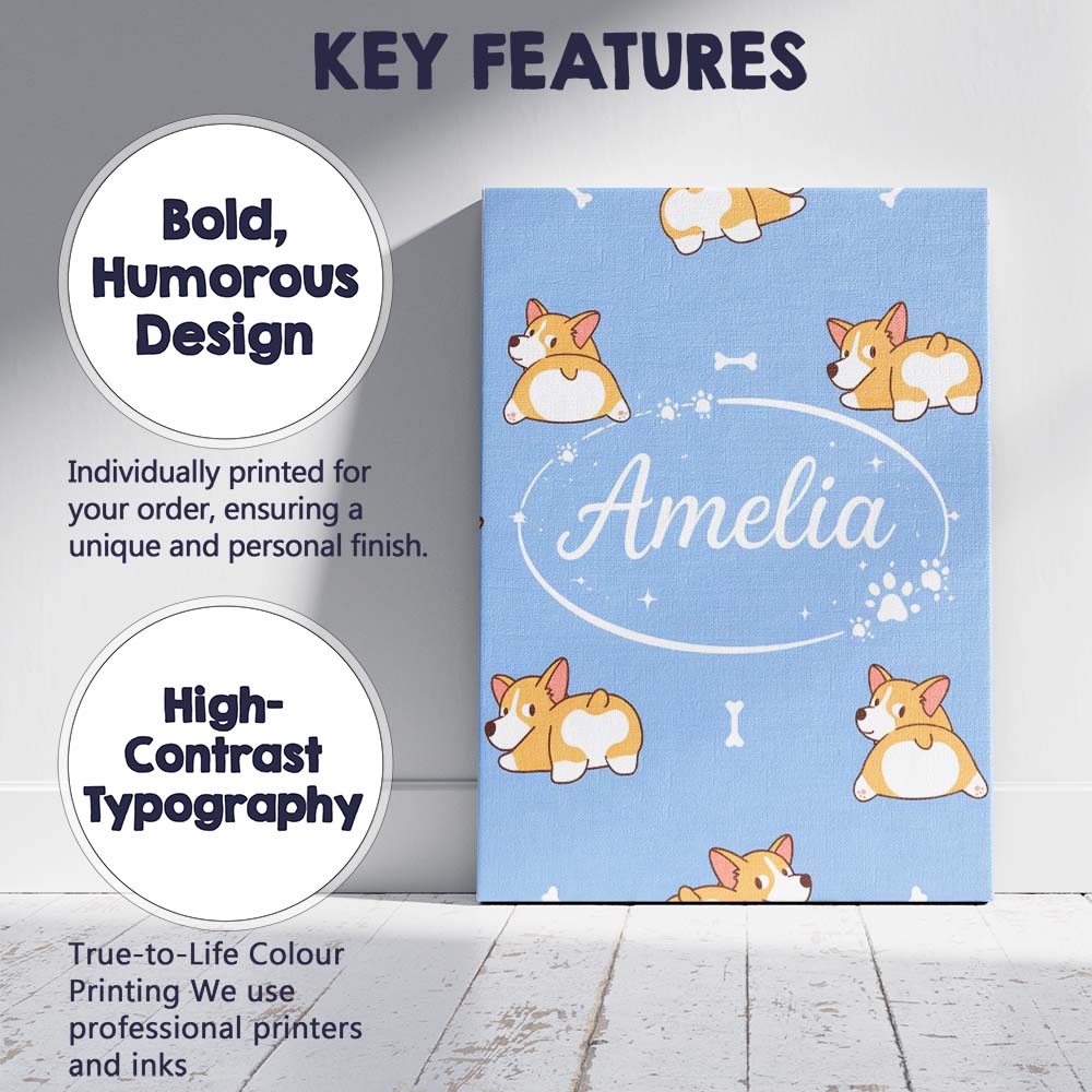 Personalised Name Cute Cartoon Corgi Dogs Bone Blue Background Custom Modern Room Accent Canvas Wall Art Print Decor Picture Ready to Hang