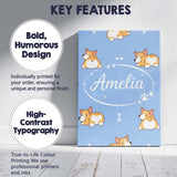 Personalised Name Cute Cartoon Corgi Dogs Bone Blue Background Custom Modern Room Accent Canvas Wall Art Print Decor Picture Ready to Hang