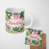Personalized Custom Name Cute Kawaii Indoor House Plants Cream Background Seamless Pattern 11oz Ceramic Coffee Tea Mug White Large Handle