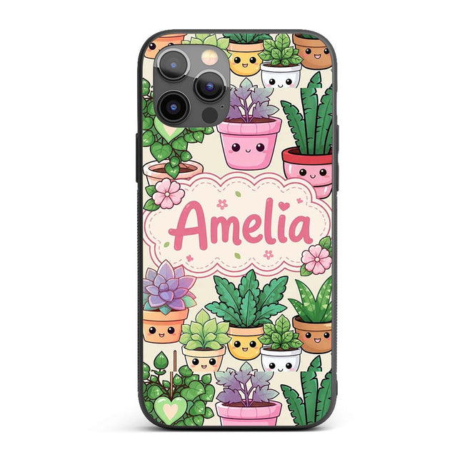 Cute Kawaii Indoor House Plants Cream Background Custom Name Protective Phone Case Mobile Cover Durable Everyday Smartphone Shock Resistant