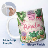 Personalized Custom Name Cute Kawaii Indoor House Plants Cream Background Seamless Pattern 11oz Ceramic Coffee Tea Mug White Large Handle