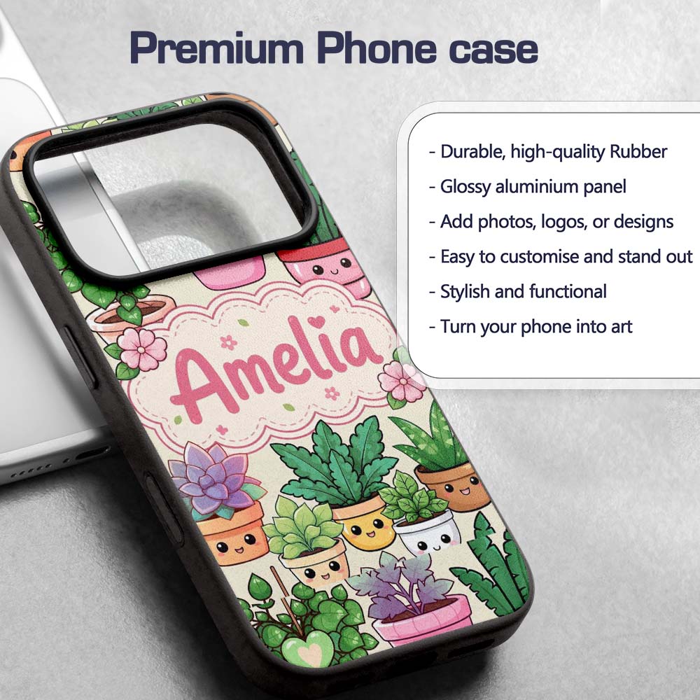 Cute Kawaii Indoor House Plants Cream Background Custom Name Protective Phone Case Mobile Cover Durable Everyday Smartphone Shock Resistant