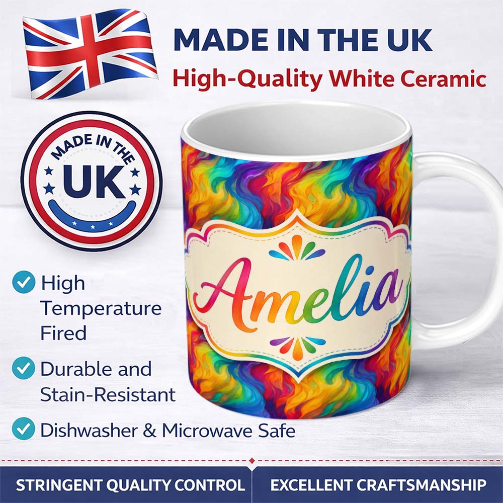 Personalized Custom Name Pastel Rainbow Diagonal Brush Texture Seamless Pattern Lovely 11oz Ceramic Coffee Tea Mug White Large Handle
