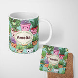 Personalized Custom Name Cute Kawaii Indoor House Plants Mint Background Seamless Pattern 11oz Ceramic Coffee Tea Mug White Large Handle
