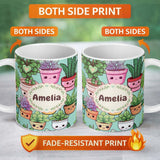Personalized Custom Name Cute Kawaii Indoor House Plants Mint Background Seamless Pattern 11oz Ceramic Coffee Tea Mug White Large Handle