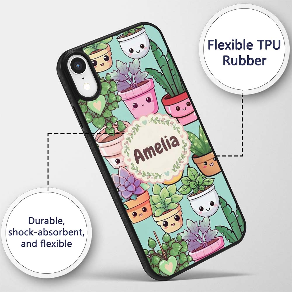 Cute Kawaii Indoor House Plants Mint Background Custom Name Protective Phone Case Mobile Cover Durable Everyday Smartphone Shock Resistant