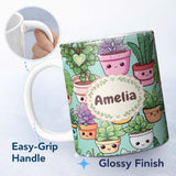 Personalized Custom Name Cute Kawaii Indoor House Plants Mint Background Seamless Pattern 11oz Ceramic Coffee Tea Mug White Large Handle