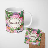 Personalized Custom Name Cute Kawaii Indoor House Plants Pink Background Seamless Pattern 11oz Ceramic Coffee Tea Mug White Large Handle