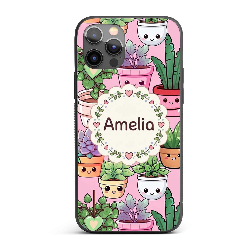 Cute Kawaii Indoor House Plants Pink Background Custom Name Protective Phone Case Mobile Cover Durable Everyday Smartphone Shock Resistant