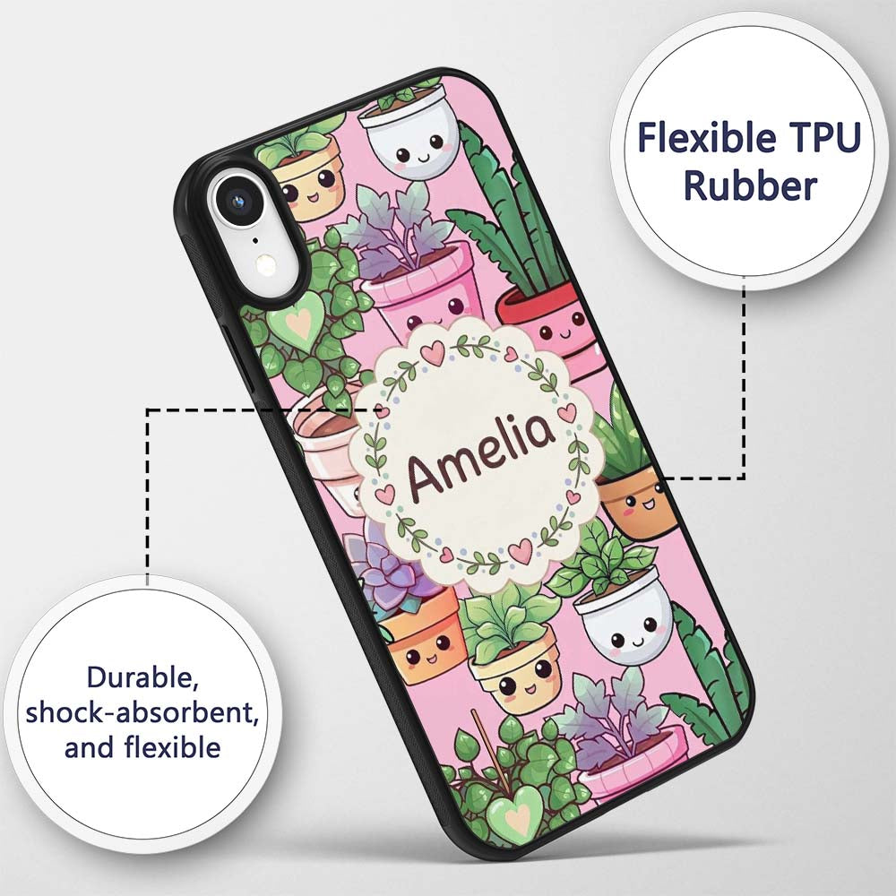 Cute Kawaii Indoor House Plants Pink Background Custom Name Protective Phone Case Mobile Cover Durable Everyday Smartphone Shock Resistant