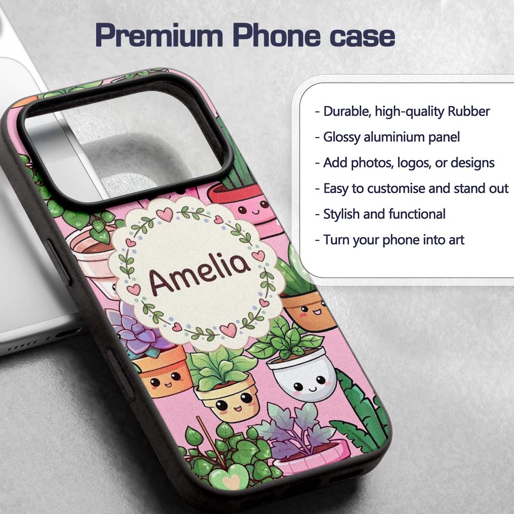 Cute Kawaii Indoor House Plants Pink Background Custom Name Protective Phone Case Mobile Cover Durable Everyday Smartphone Shock Resistant