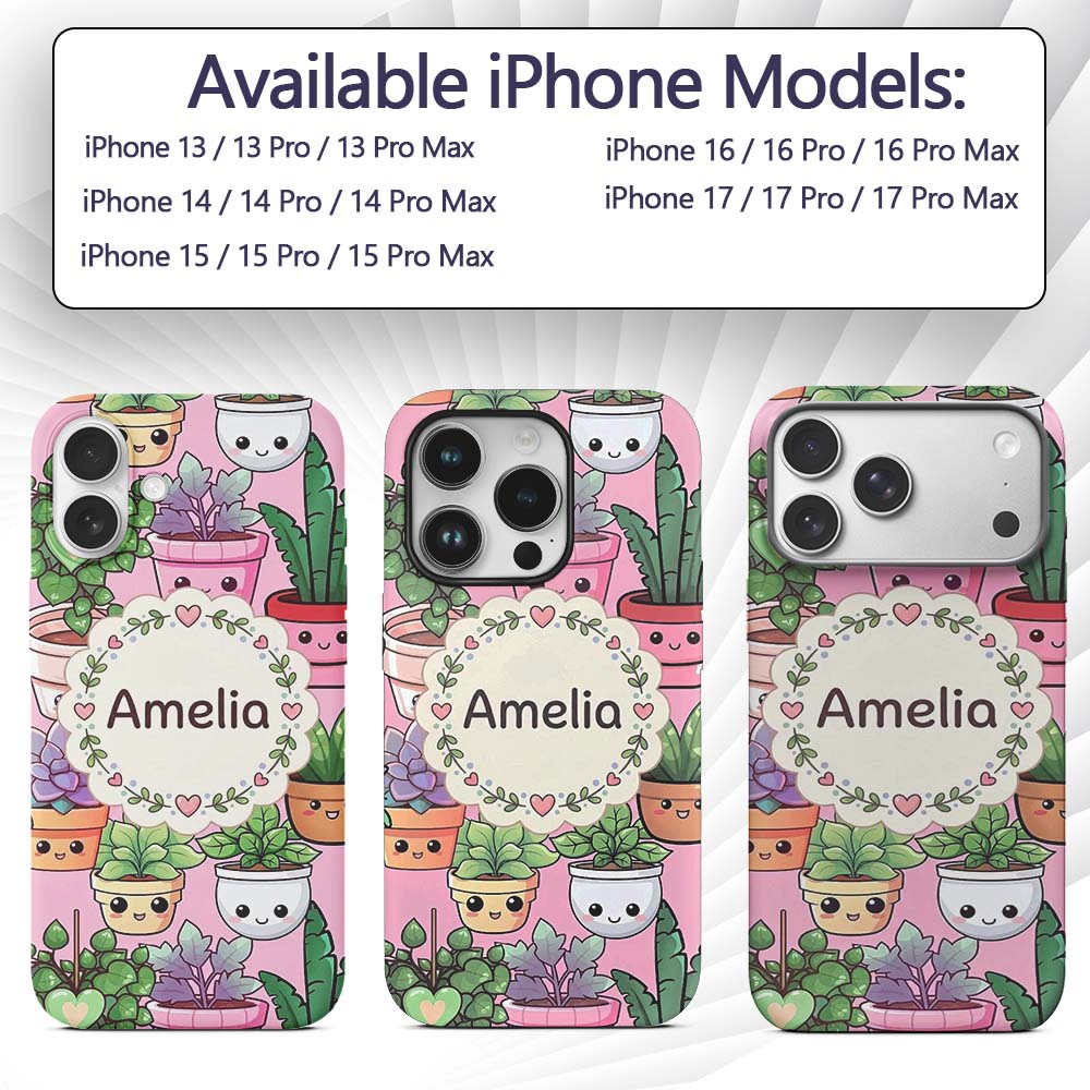 Cute Kawaii Indoor House Plants Pink Background Custom Name Protective Phone Case Mobile Cover Durable Everyday Smartphone Shock Resistant