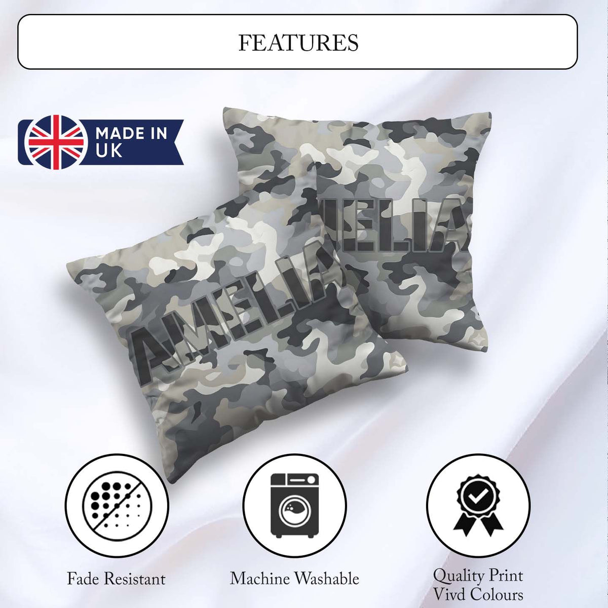 Custom Name Grey Neutral Camouflage Contemporary Seamless Lovely Square Filled Cushion Throw Pillow Sofa Bed Home Decor Zip Washable UK Made