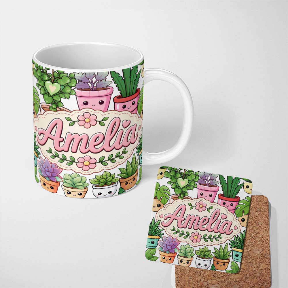 Personalized Custom Name Cute Kawaii Indoor House Plants White Background Seamless Pattern 11oz Ceramic Coffee Tea Mug White Large Handle