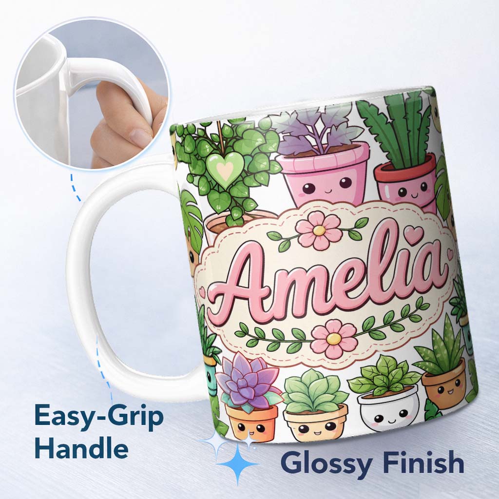 Personalized Custom Name Cute Kawaii Indoor House Plants White Background Seamless Pattern 11oz Ceramic Coffee Tea Mug White Large Handle