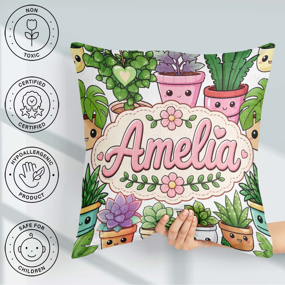 Custom Name Kawaii Indoor House Plants White Background Seamless Square Filled Cushion Throw Pillow Sofa Bed Home Decor Zip Washable UK Made