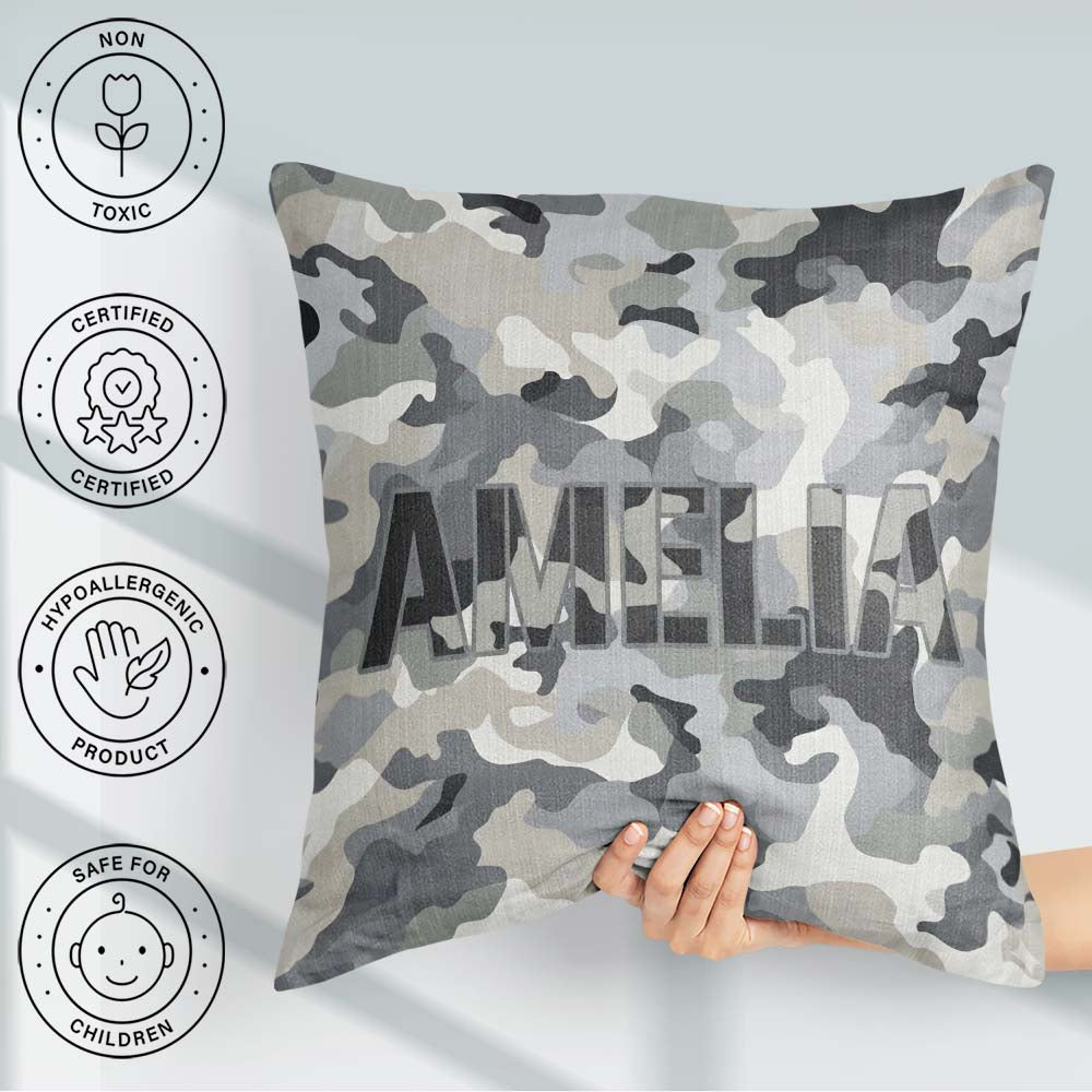 Custom Name Grey Neutral Camouflage Contemporary Seamless Lovely Square Filled Cushion Throw Pillow Sofa Bed Home Decor Zip Washable UK Made