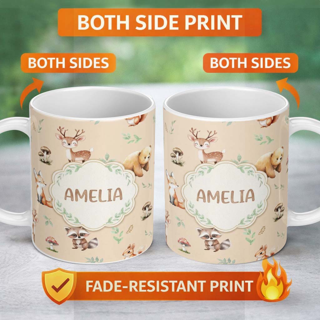 Personalized Custom Name Woodland Deer Bear Fox Owl Raccoon Leaves Mushrooms Beige Seamless 11oz Ceramic Coffee Tea Mug White Large Handle