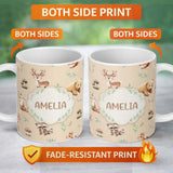 Personalized Custom Name Woodland Deer Bear Fox Owl Raccoon Leaves Mushrooms Beige Seamless 11oz Ceramic Coffee Tea Mug White Large Handle