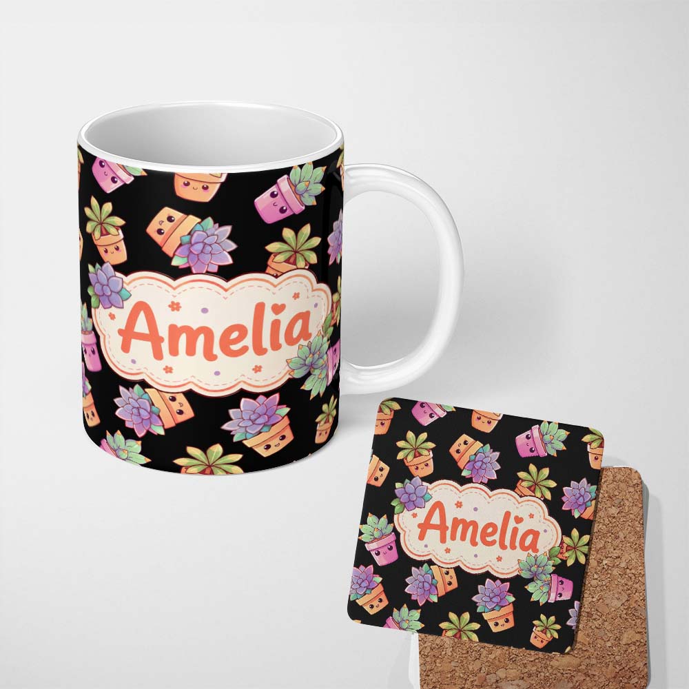 Personalized Custom Name Cute Kawaii Succulent Plant Pots Black Background Seamless Pattern 11oz Ceramic Coffee Tea Mug White Large Handle