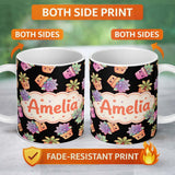 Personalized Custom Name Cute Kawaii Succulent Plant Pots Black Background Seamless Pattern 11oz Ceramic Coffee Tea Mug White Large Handle