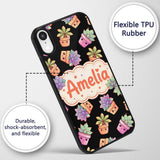 Cute Kawaii Succulent Plant Pots Black Background Custom Name Protective Phone Case Mobile Cover Durable Everyday Smartphone Shock Resistant