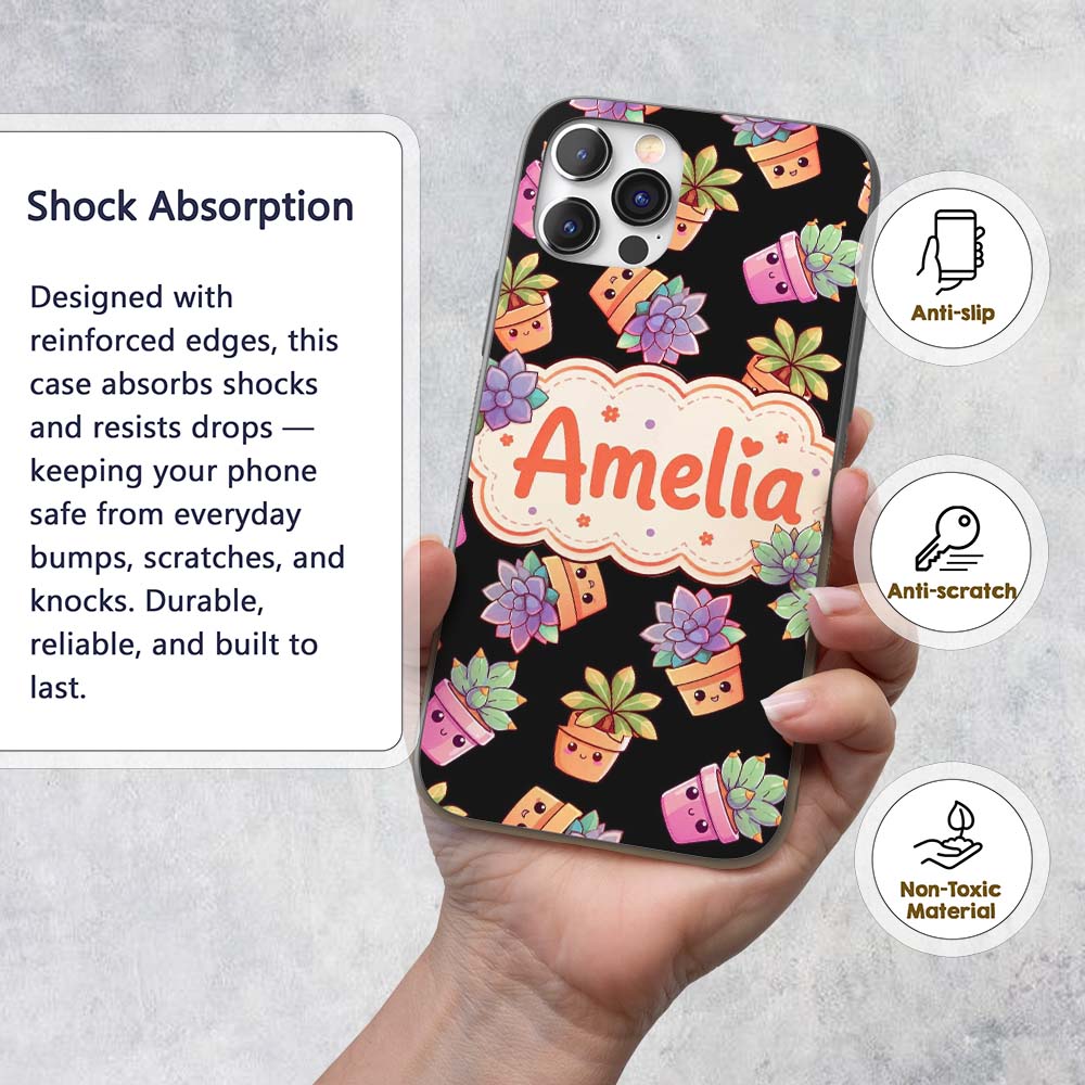 Cute Kawaii Succulent Plant Pots Black Background Custom Name Protective Phone Case Mobile Cover Durable Everyday Smartphone Shock Resistant