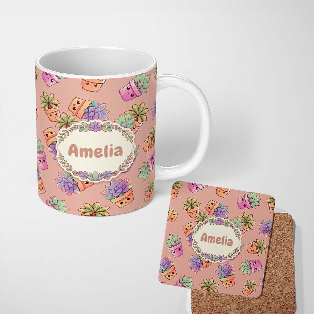 Personalized Custom Name Cute Kawaii Succulent Plant Pots Beige Background Seamless Pattern 11oz Ceramic Coffee Tea Mug White Large Handle