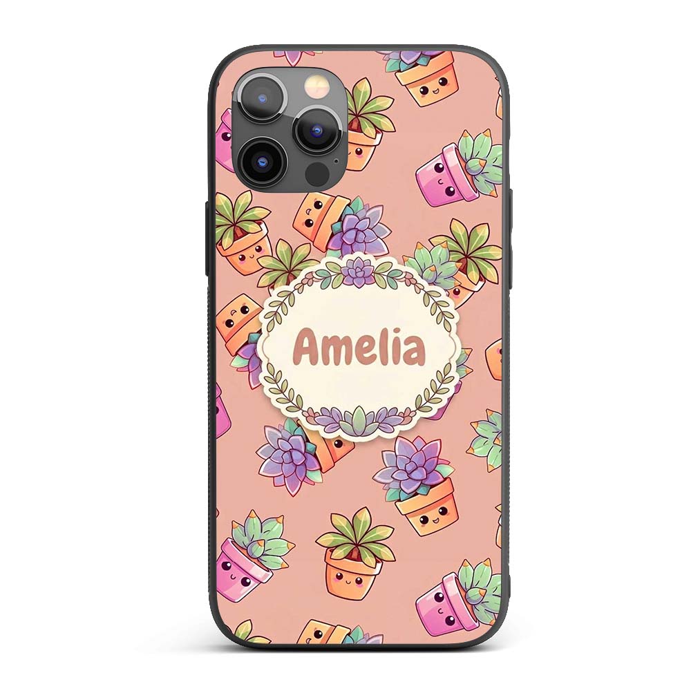 Cute Kawaii Succulent Plant Pots Beige Background Custom Name Protective Phone Case Mobile Cover Durable Everyday Smartphone Shock Resistant
