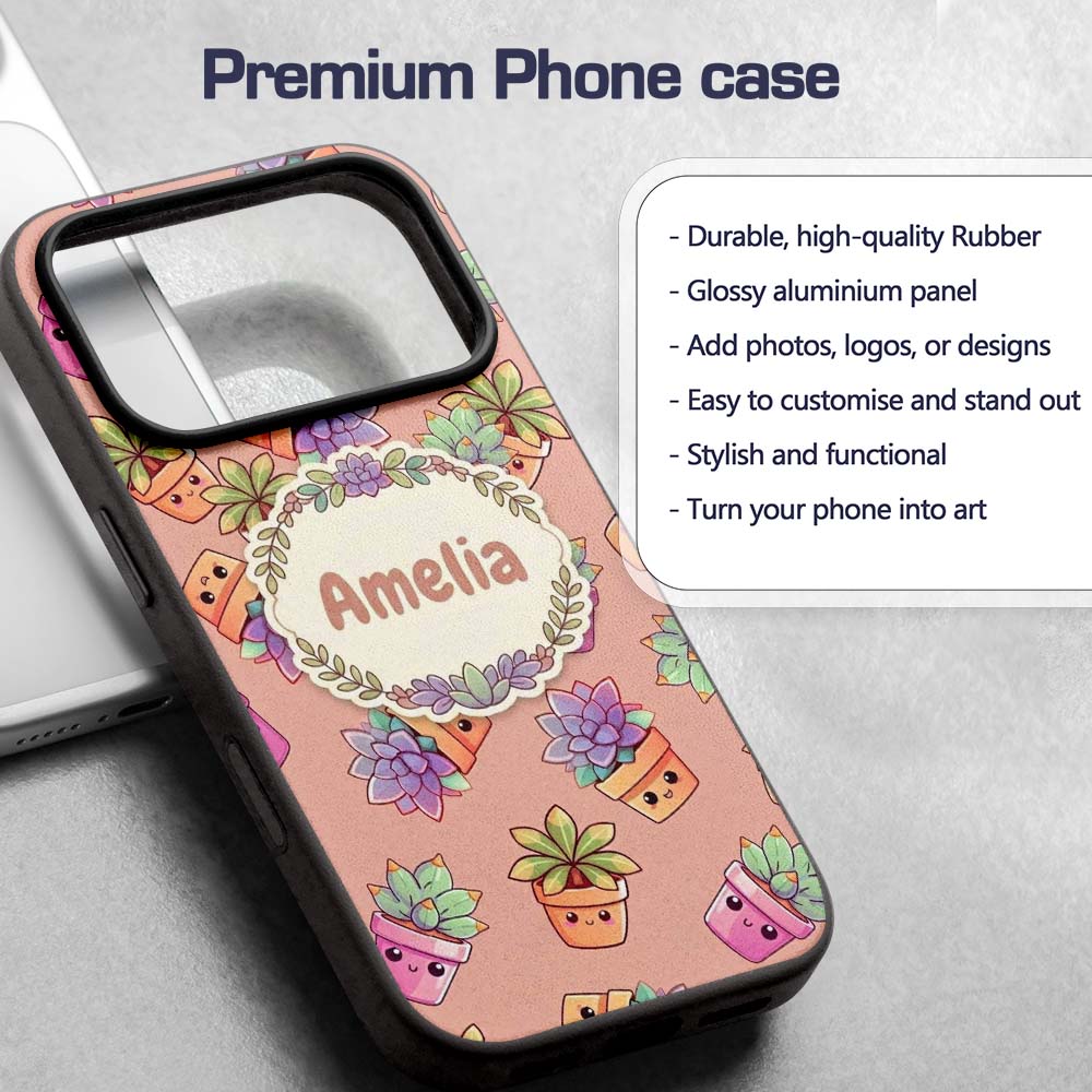 Cute Kawaii Succulent Plant Pots Beige Background Custom Name Protective Phone Case Mobile Cover Durable Everyday Smartphone Shock Resistant