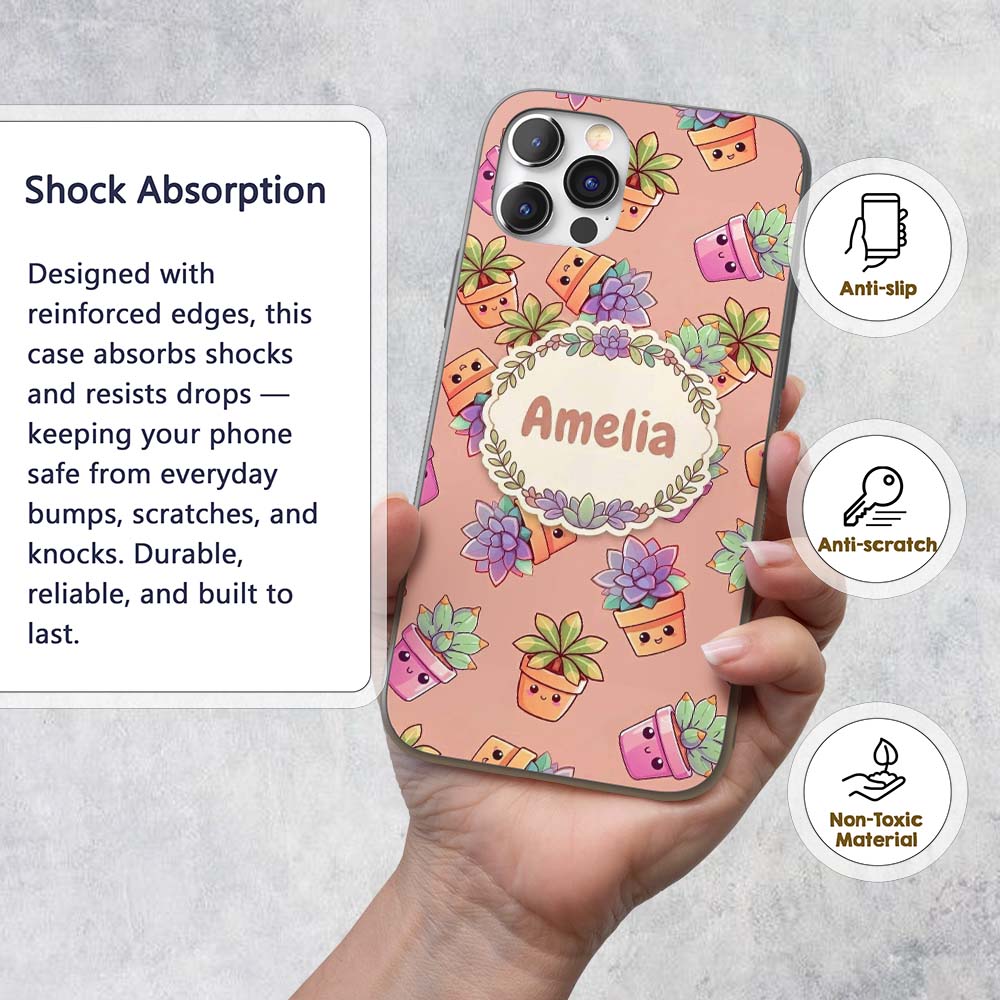 Cute Kawaii Succulent Plant Pots Beige Background Custom Name Protective Phone Case Mobile Cover Durable Everyday Smartphone Shock Resistant
