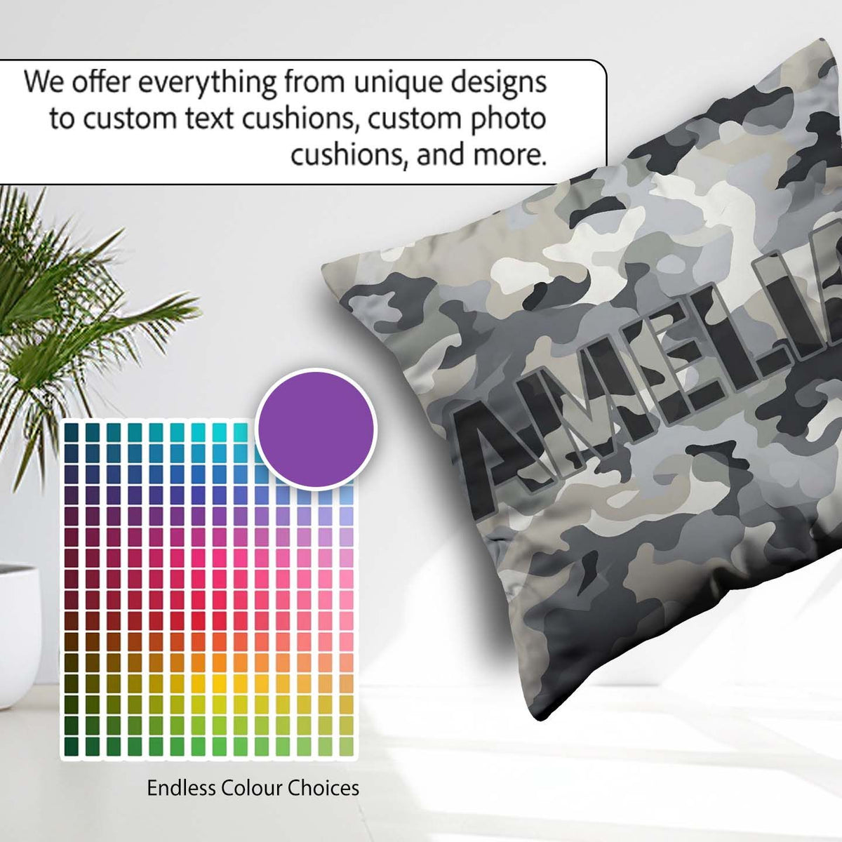 Custom Name Grey Neutral Camouflage Contemporary Seamless Lovely Square Filled Cushion Throw Pillow Sofa Bed Home Decor Zip Washable UK Made