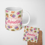 Personalized Custom Name Cute Kawaii Succulent Plant Pots Light Grey Background Seamless 11oz Ceramic Coffee Tea Mug White Large Handle