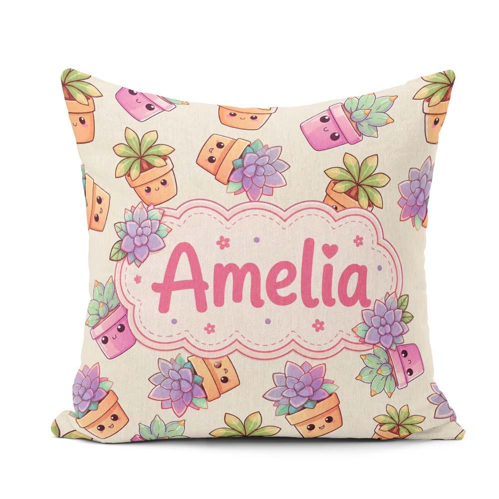 Custom Name Cute Kawaii Succulent Plant Pots Light Grey Seamless Square Filled Cushion Throw Pillow Sofa Bed Home Decor Zip Washable UK Made